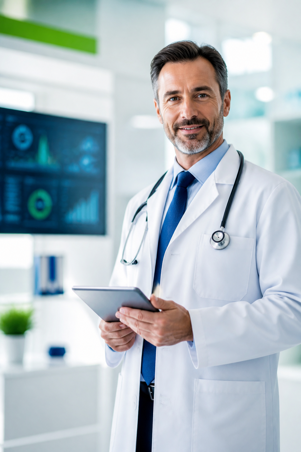 Professional physician using a tablet in a modern medical office
